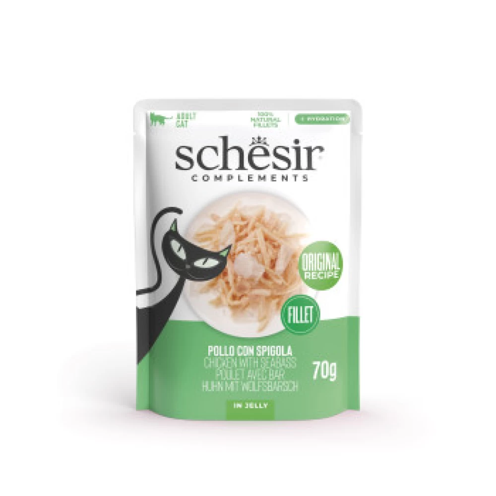 Schesir Cat Plic Pui si Biban in Jeleu 70gr Hrană Umedă pentru Pisici Schesir Cat Plic Pui si Biban in Jeleu 70gr Hrană Umedă pentru Pisici