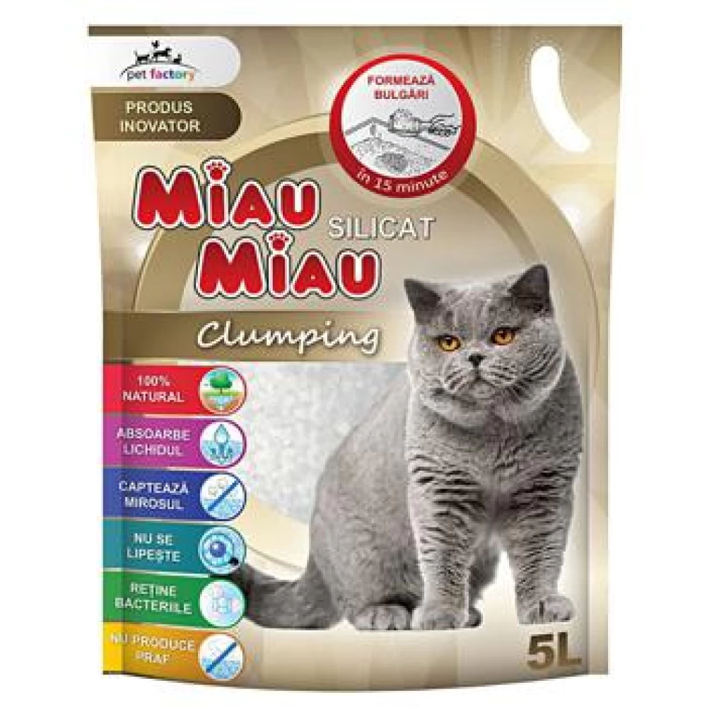 Asternut Igienic Silicat Miau Miau Clumping, 5 l