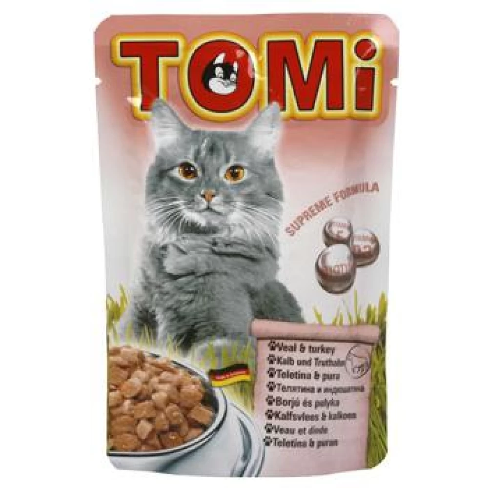 Plic Tomi Cat cu Vitel si Curcan, 100 g Hrană Umedă pentru pisici