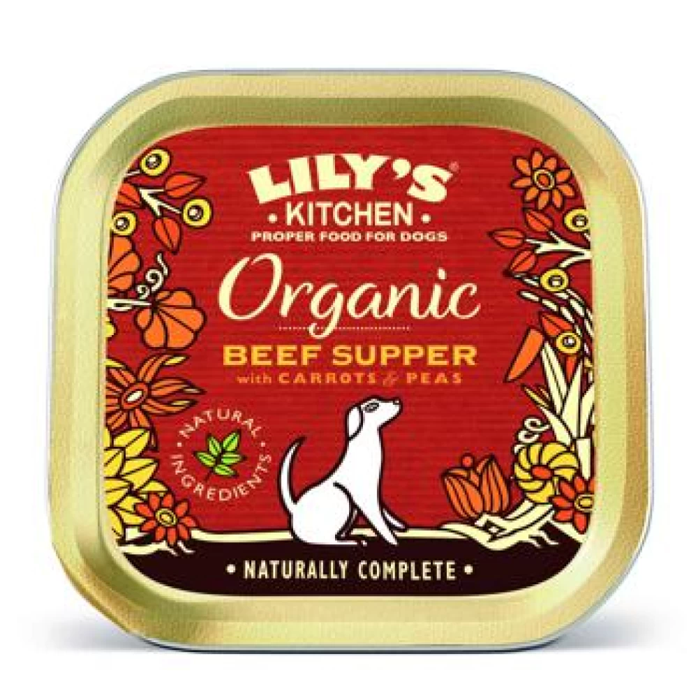 Conserva Caini Lily's Kitchen Organic cu Vita, Morcovi si Mazare, 150 g